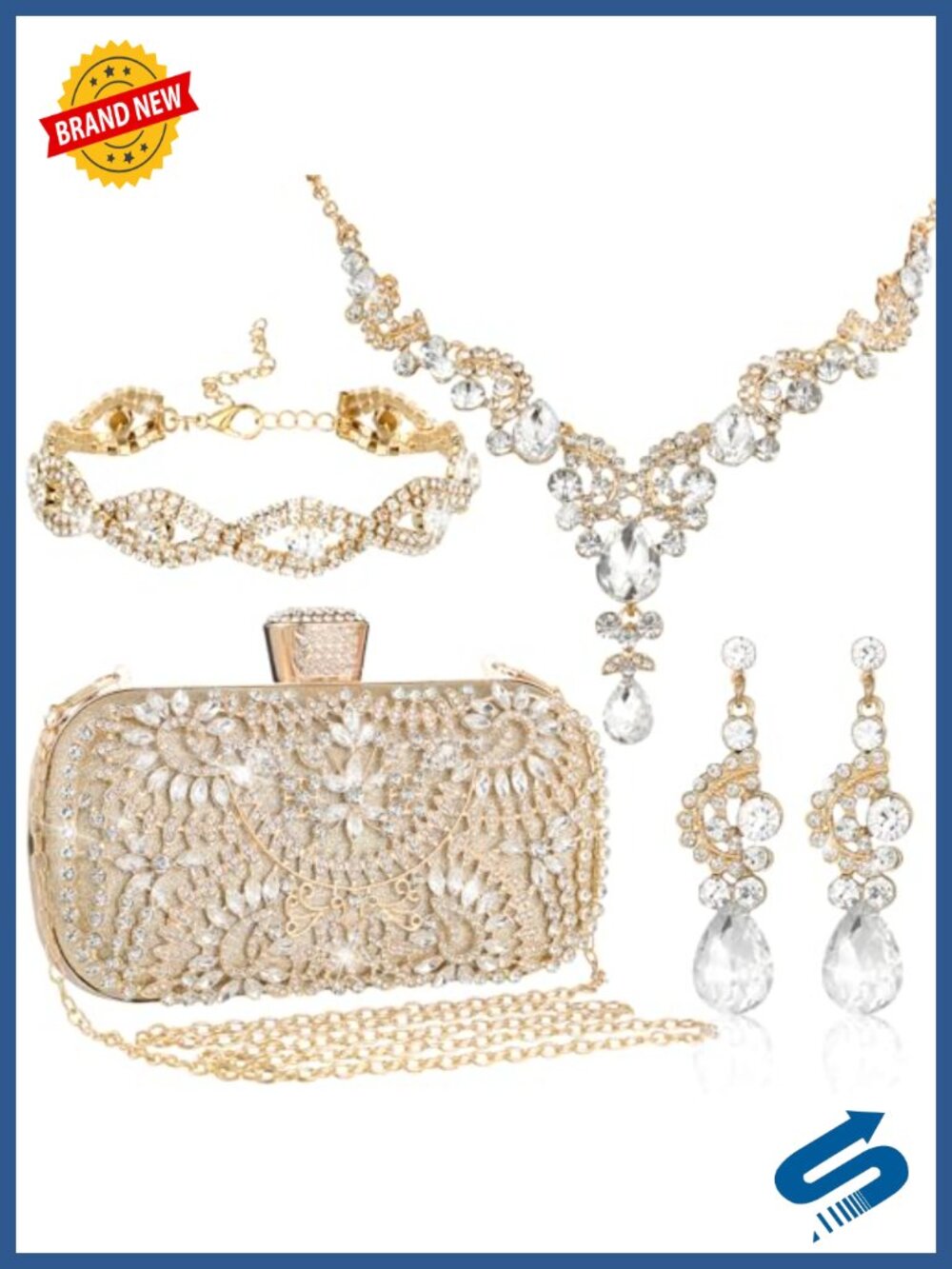 Rhinestone Jewelry Set 4 Pcs Clutch Necklace Bracelet Earrings